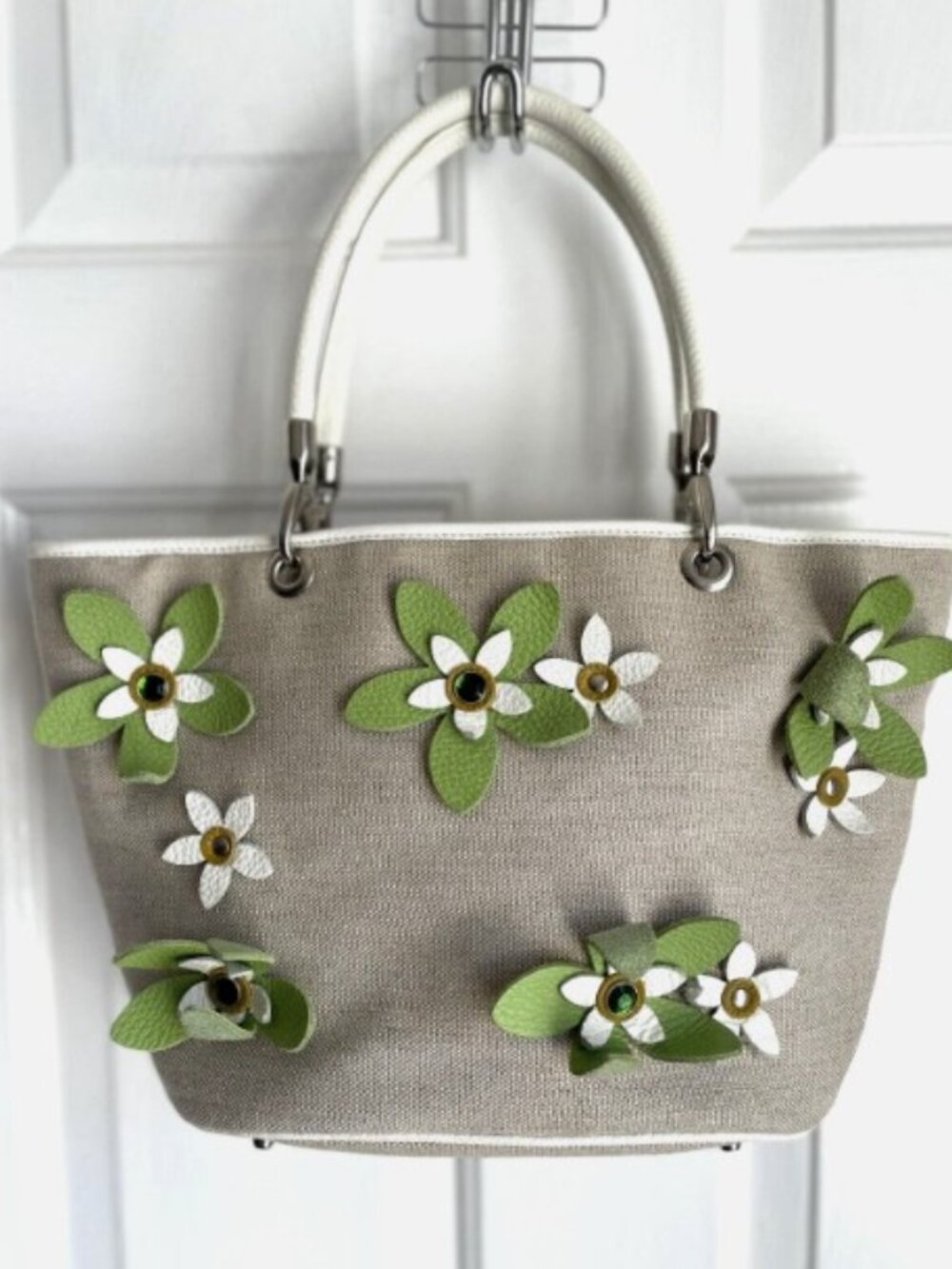 CASTERLLARI Milano Purse Satchel Natural Linen Genuine Leather 3D Flowers